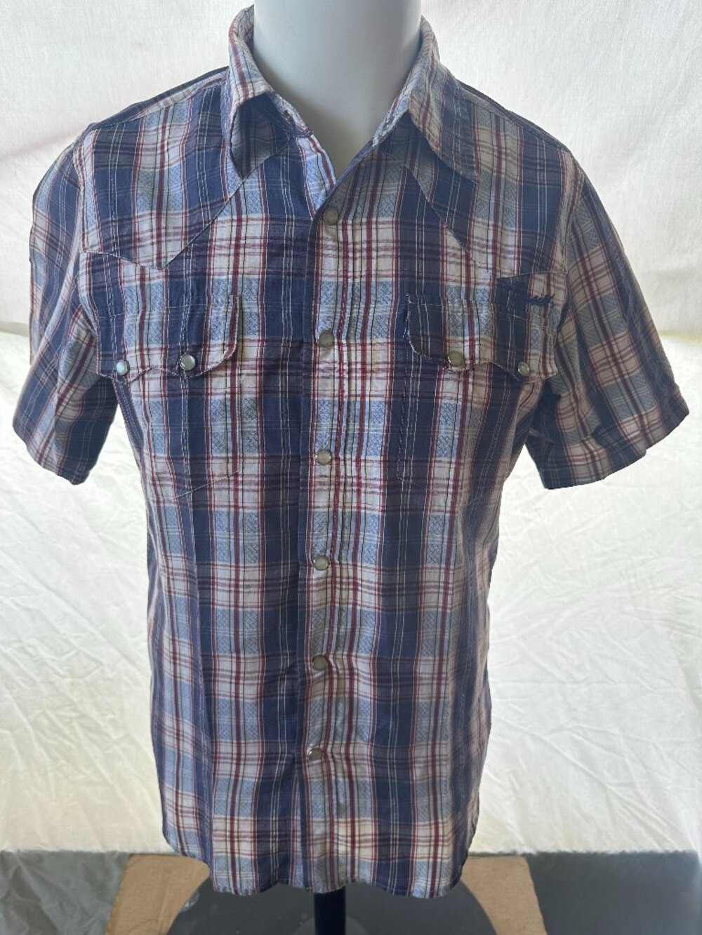 O'Neil Men's Blue Red White Pearl Snap Plaid SS Button Front Shirt Small Cotton
